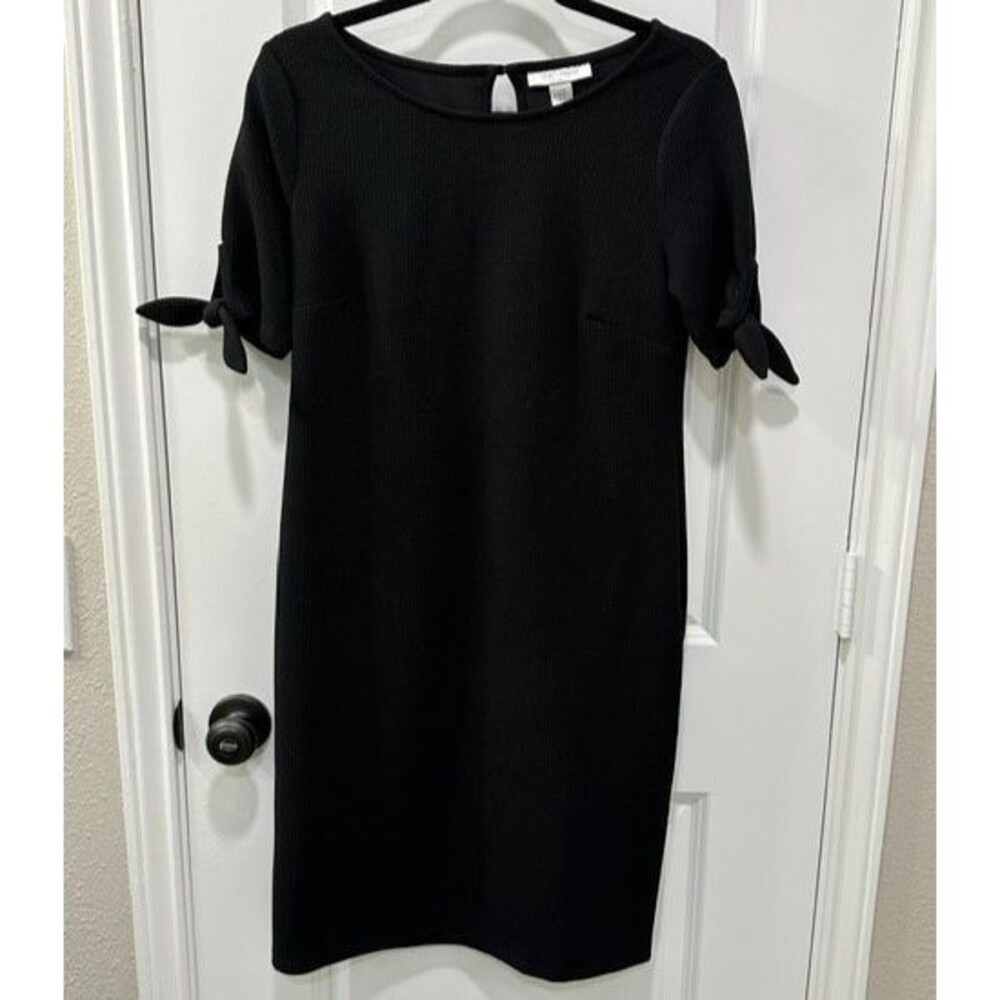 Motherhood Maternity Black Texted Sheath Dress Size M Tie Sleeve Stretch Knit
